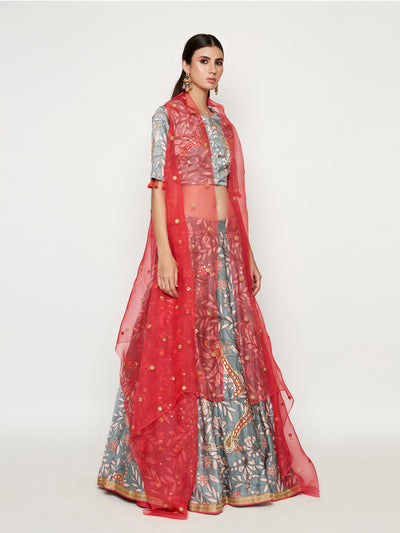 Morbagh Grey Embroidered Lehenga Crop Top With Pink Cape