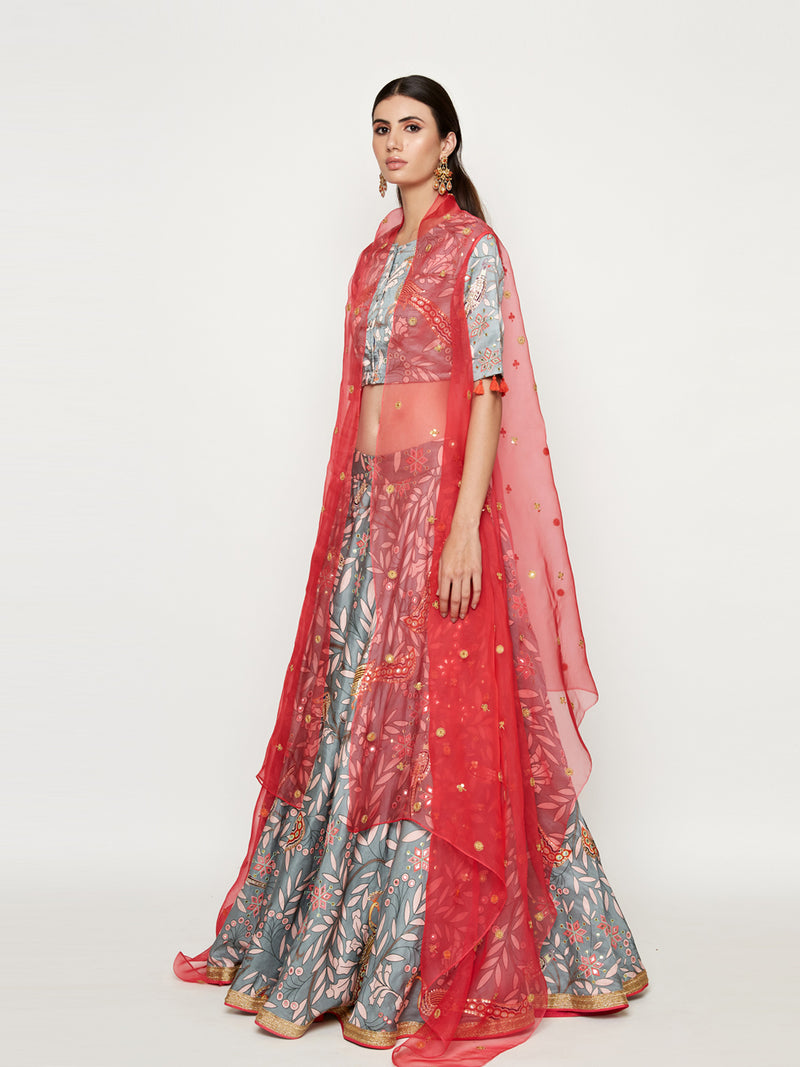 Grey Embroidered Lehenga Crop Top with Pink Cape