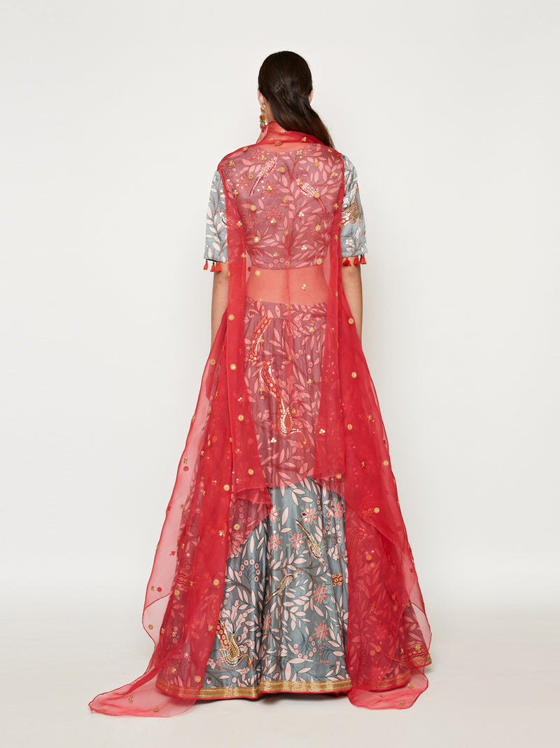 Blue Lehenga And A Crop Top In A Long Cape In Sequins Embroidery, Padding  And A