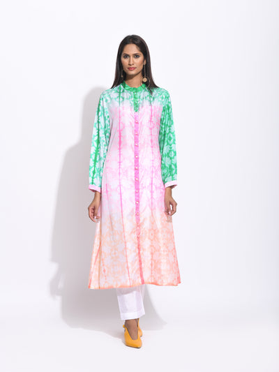 Pink Peach Green Ombre Silk Shibori Kurta