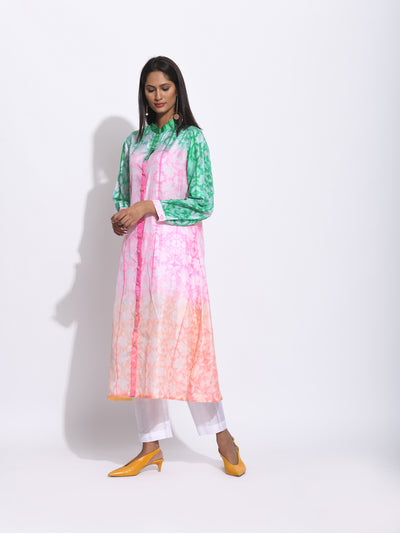 Pink Peach Green Ombre Silk Shibori Kurta