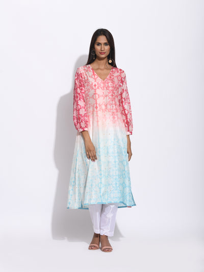 Red Blue Silk Shibori Kurta