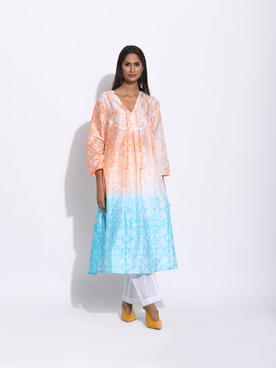 Peach Blue Ombre Silk Shibori Kurta
