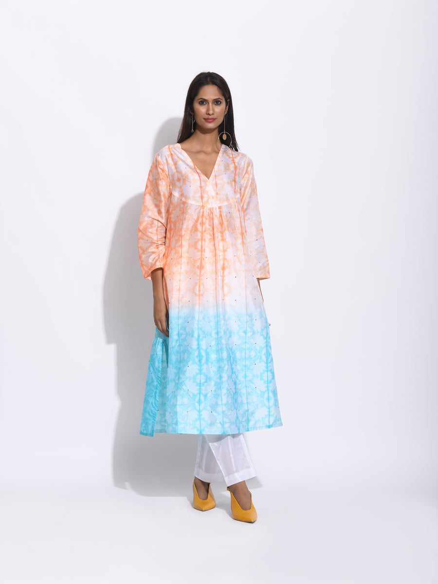 Peach Blue Ombre Silk Shibori Kurta