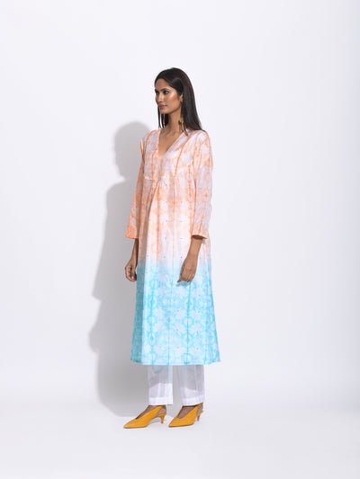 Peach Blue Ombre Silk Shibori Kurta
