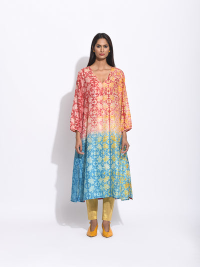 Maroon Teal Ombre Silk Shibori Kurta