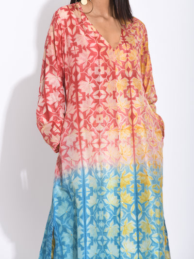 Maroon Teal Ombre Silk Shibori Kurta
