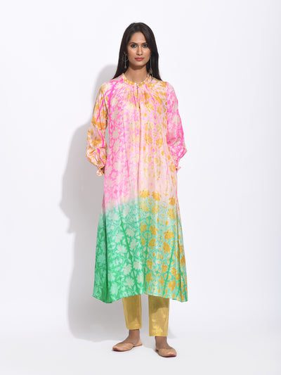 Pink Green Silk Shibori Kurta