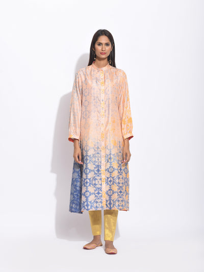 Peach Grey Geometric Flower Silk Shibori With Sequins Kurta