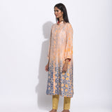 Peach Grey Geometric Flower Silk Shibori With Sequins Kurta