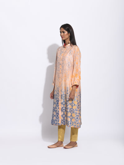 Peach Grey Geometric Flower Silk Shibori With Sequins Kurta