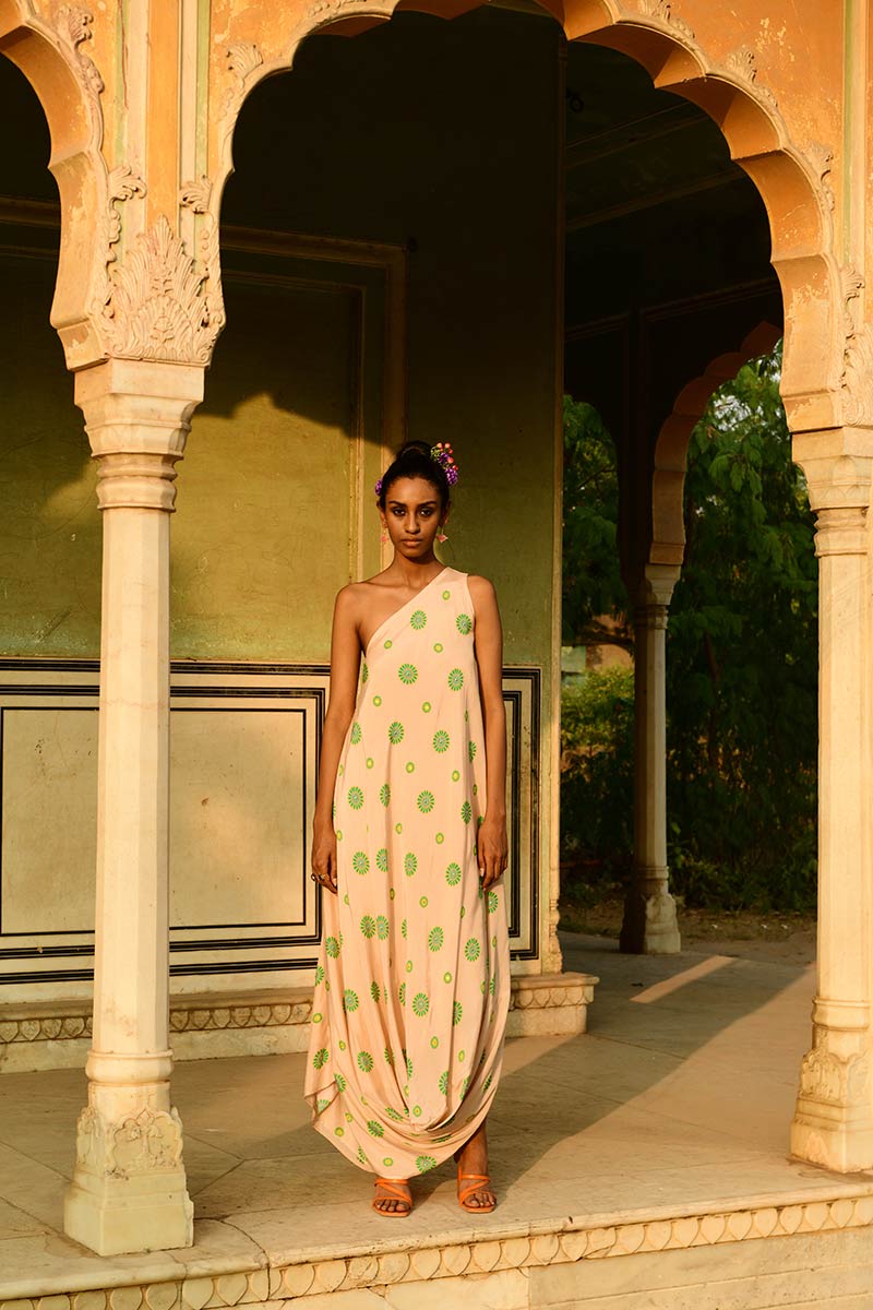 Surajmukhi Asymmetrical Ivory Printed One Shoulder Dress