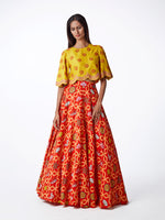 yellow, red, embroidered, printed, silk, satin, lehenga, bridal, indianwedding, lehenga choli, blouse, swati vijaivargie