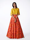 red, yellow, embroidered, printed, silk, satin, lehenga, bridal, indianwedding, lehenga choli, blouse, swati vijaivargie