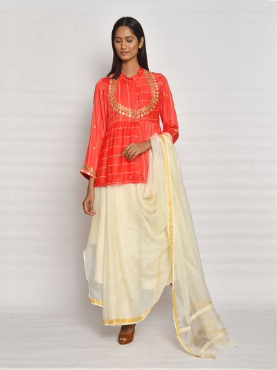 Scarlet Striped Embroidered Top With Drape Saree