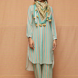 Turquoise High Low Hem Striped Tunic With striped Pants