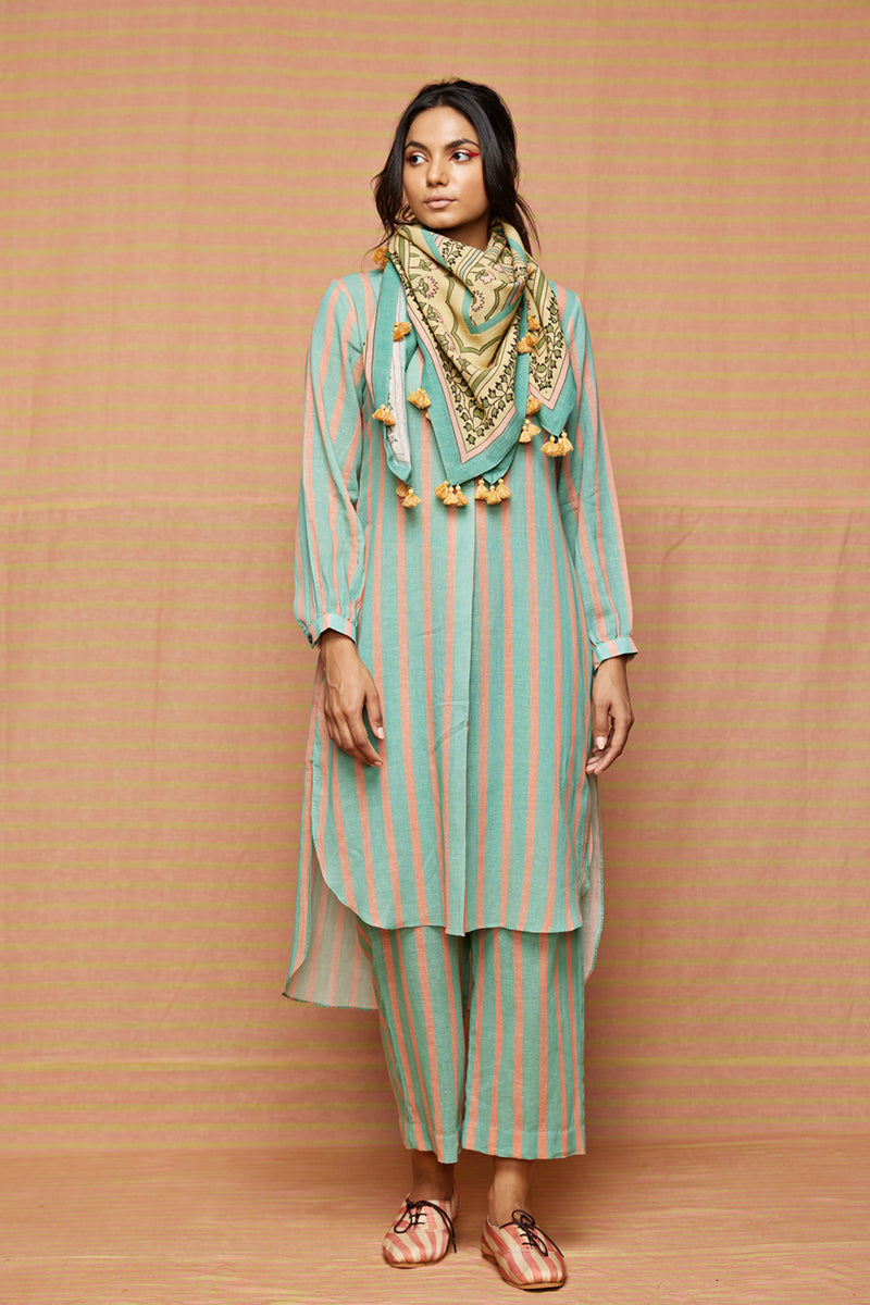 Turquoise High Low Hem Striped Tunic With striped Pants