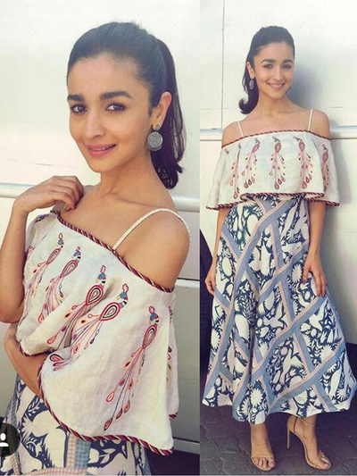 Alia Bhatt In Our Love For Stripes Printed Off Shoulder Dress