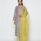 Morbagh Grey Embroidered Yoke Kurta, Pants And Dupatta