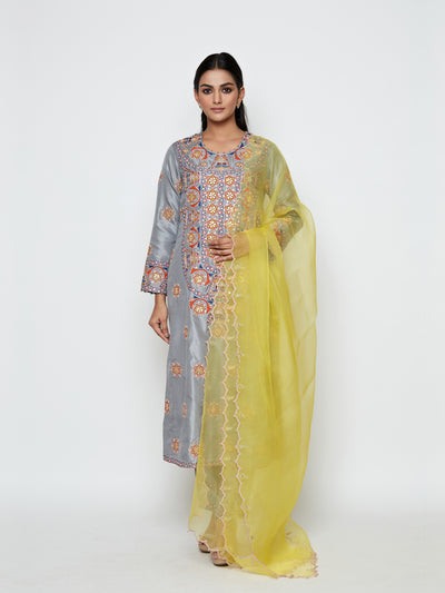Morbagh Grey Embroidered Yoke Kurta, Pants And Dupatta