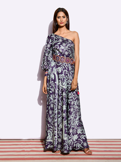 Morbagh Printed One Shoulder Dress With Embroidered Belt