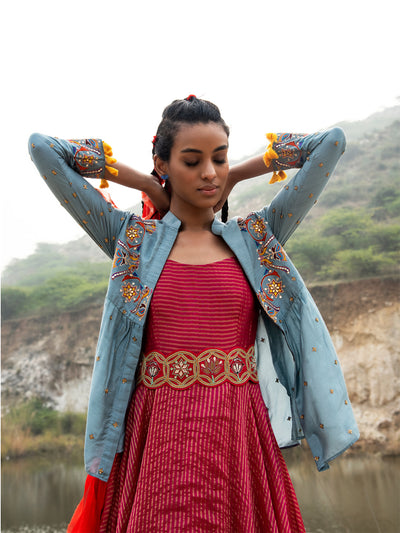 Morbagh Embroidered Chanderi Jacket with Sunheri Asymmetrical Dress