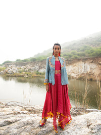 Morbagh Embroidered Jacket with Asymmetrical Sunheri Chanderi Dress