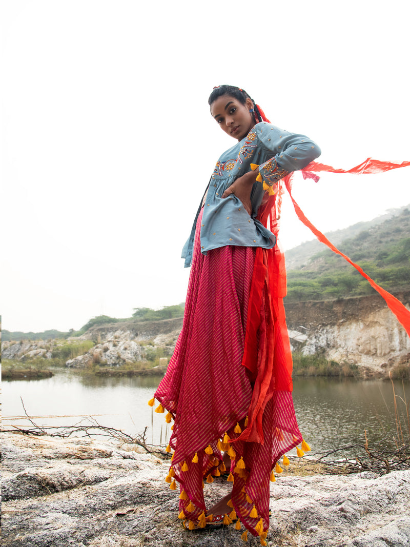 Morbagh Embroidered Jacket with Asymmetrical Sunheri Chanderi Dress