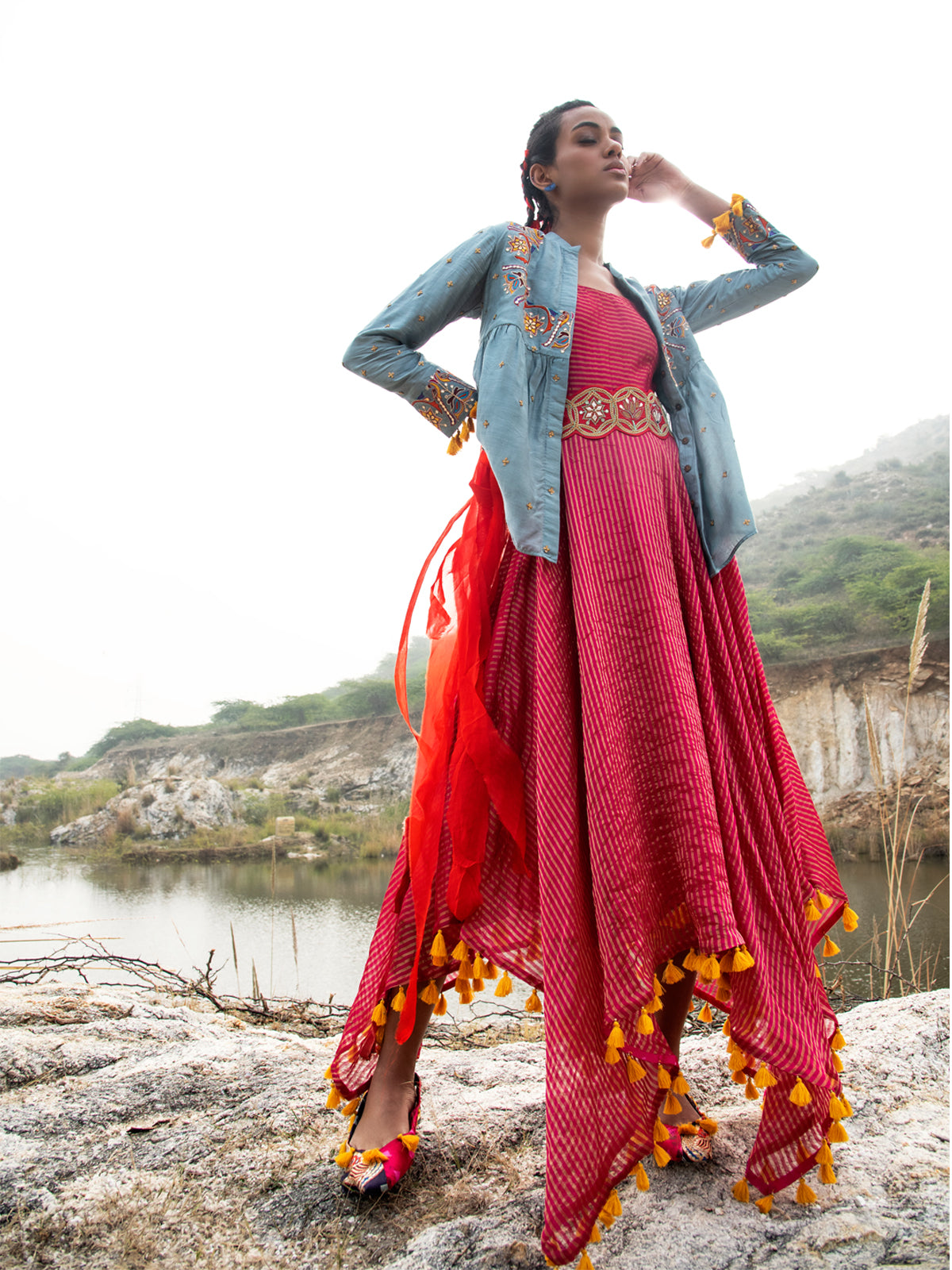 Morbagh Embroidered Jacket with Asymmetrical Sunheri Chanderi Dress