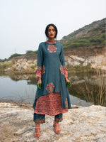 Morbagh Teal Kamal Asymmetrical Embroidered Tunic with Pants