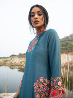 Morbagh Teal Kamal Asymmetrical Embroidered Tunic with Pants