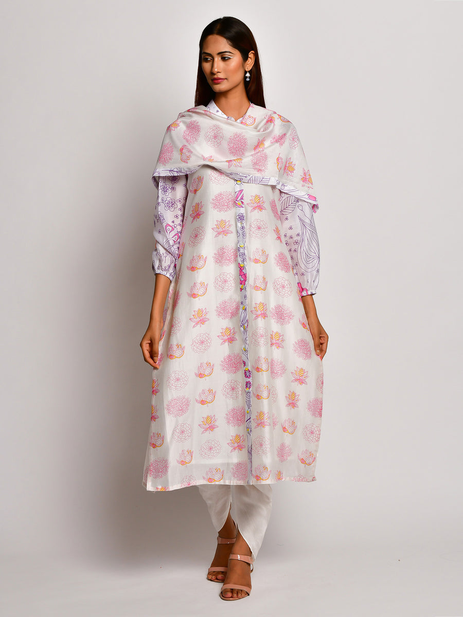 Bloom Pink Printed Floral Chanderi Dupatta