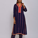Navy Embroidered Straight Kurta With Pant