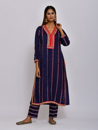 Navy Embroidered Straight Kurta With Pant