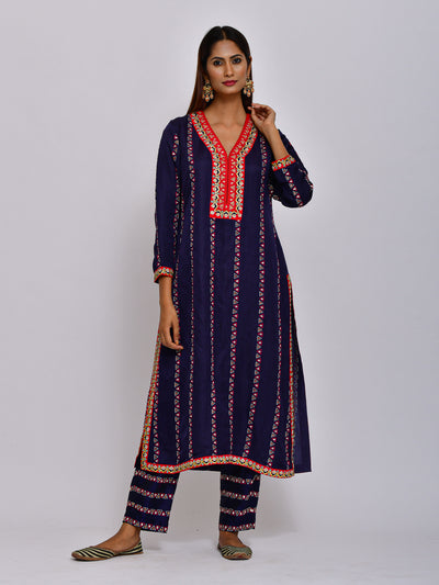 Navy Embroidered Straight Kurta With Pant