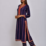 Navy Embroidered Straight Kurta With Pant