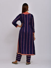 Navy Embroidered Straight Kurta With Pant