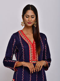 Navy Embroidered Straight Kurta With Pant