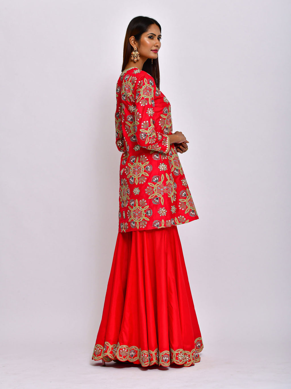 Red Tonal Embroidered Double Sharara Peplum Set by Sanya Gulati Shop  Designer Indian Wear