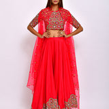 Morbagh Red embroidered Crop Top With Asymmetric Lehenga And Cape