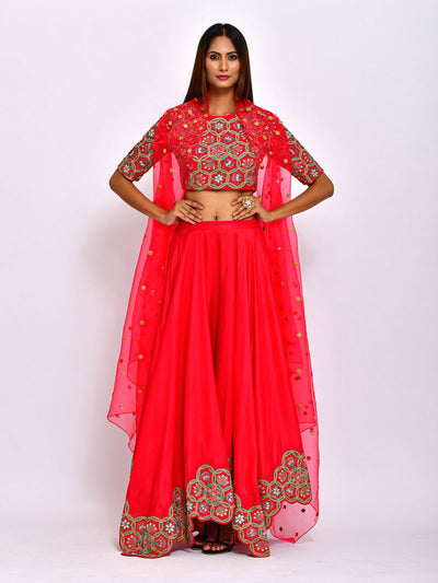 Morbagh Red embroidered Crop Top With Asymmetric Lehenga And Cape