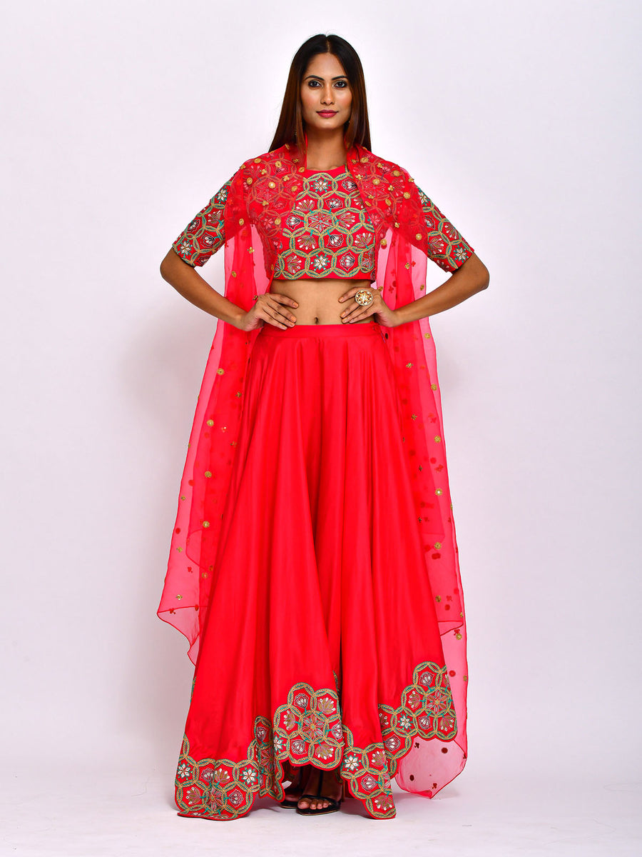 Morbagh Red embroidered Crop Top With Asymmetric Lehenga And Cape