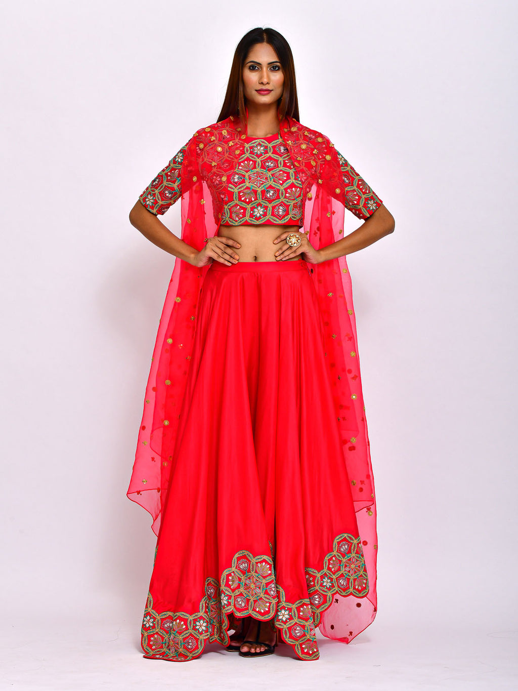 Buy Beet Red Velvet Lehenga and Crop Top with Embroidery and Cape Sleeves  KALKI Fashion India