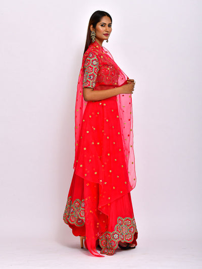 Morbagh Red embroidered Crop Top With Asymmetric Lehenga And Cape