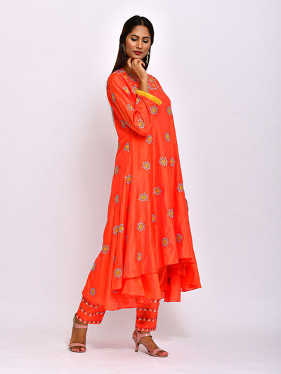 Orange Embroidered High Low Kurta With Pant
