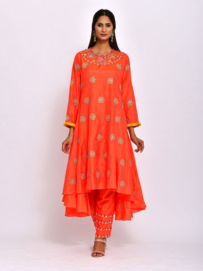 Orange Embroidered High Low Kurta With Pant