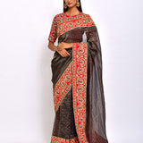 Navy Chanderi Brocade striped Embroidered Handcrafted saree with blouse