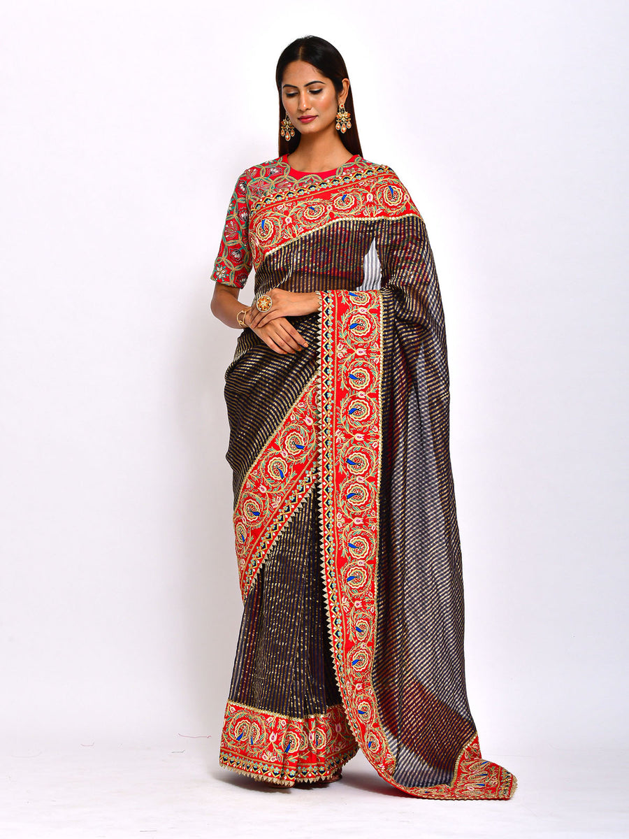 Navy Chanderi Brocade striped Embroidered Handcrafted saree with blouse