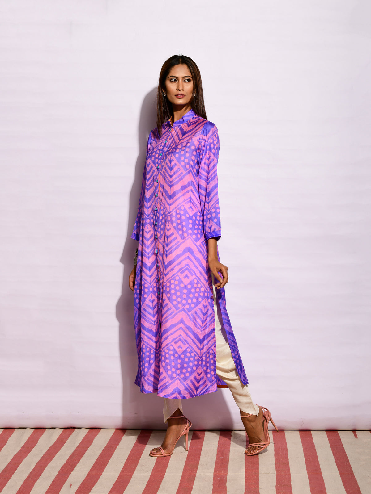 Purple Ripple Shibori Silk Long Kurta