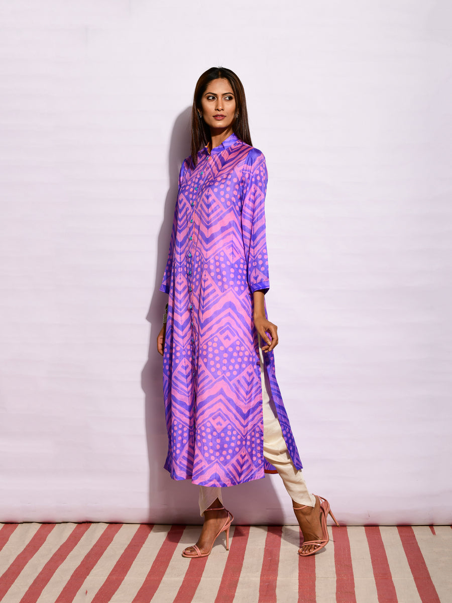 Purple Ripple Shibori Silk Long Kurta